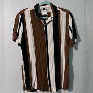 Denim and Flower Striped Short Sleeve Button Shirt